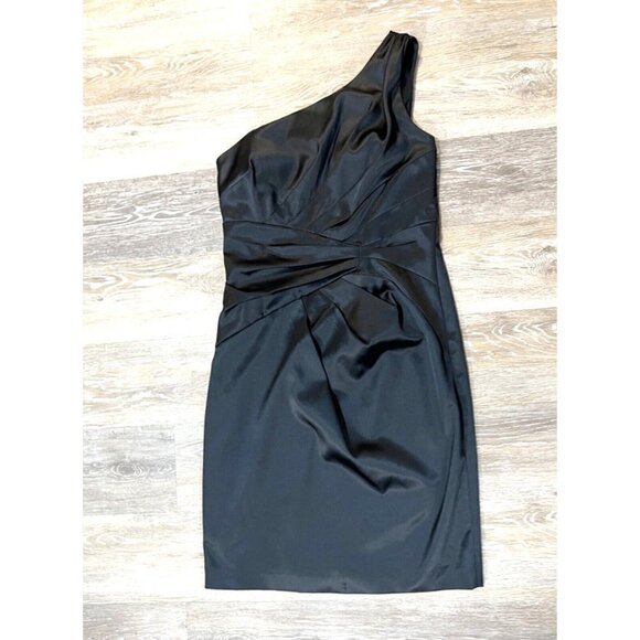 Hailey Adrianna Papell Sz 8 Black Satin Ruched One Shoulder Formal Sheath Dress - Picture 1 of 7